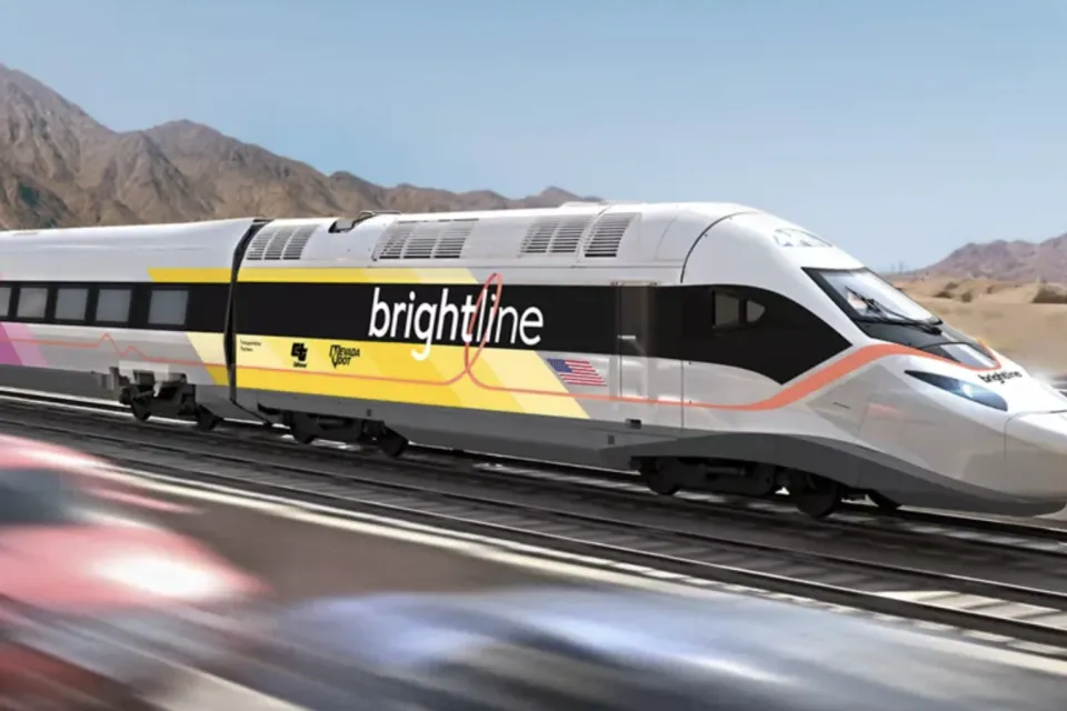 Rendering of Brightline West high-speed train with southwest desert mountains in background